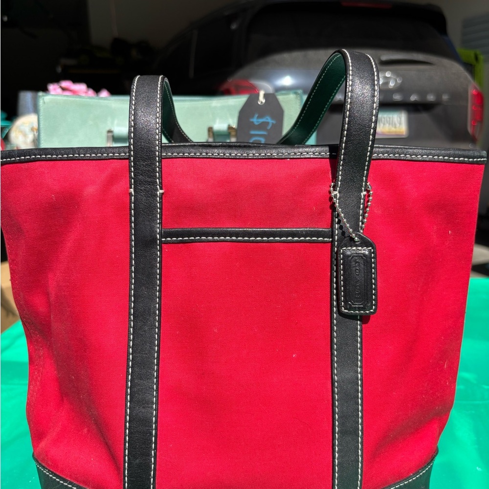 Vintage Coach Hampton large red canvas & black leather Tote Bag